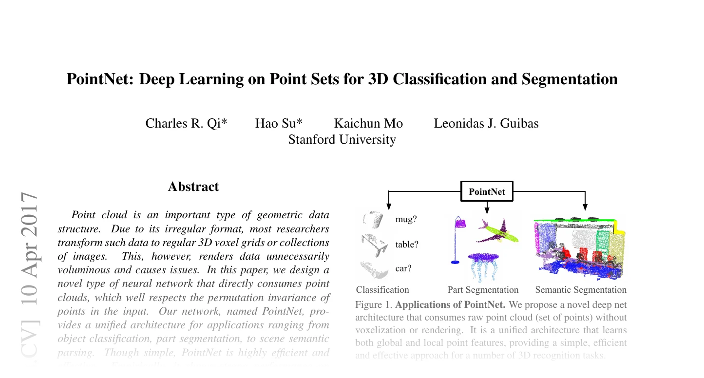 First page of PointNet: Deep Learning on Point Sets for 3D Classification and Segmentation
