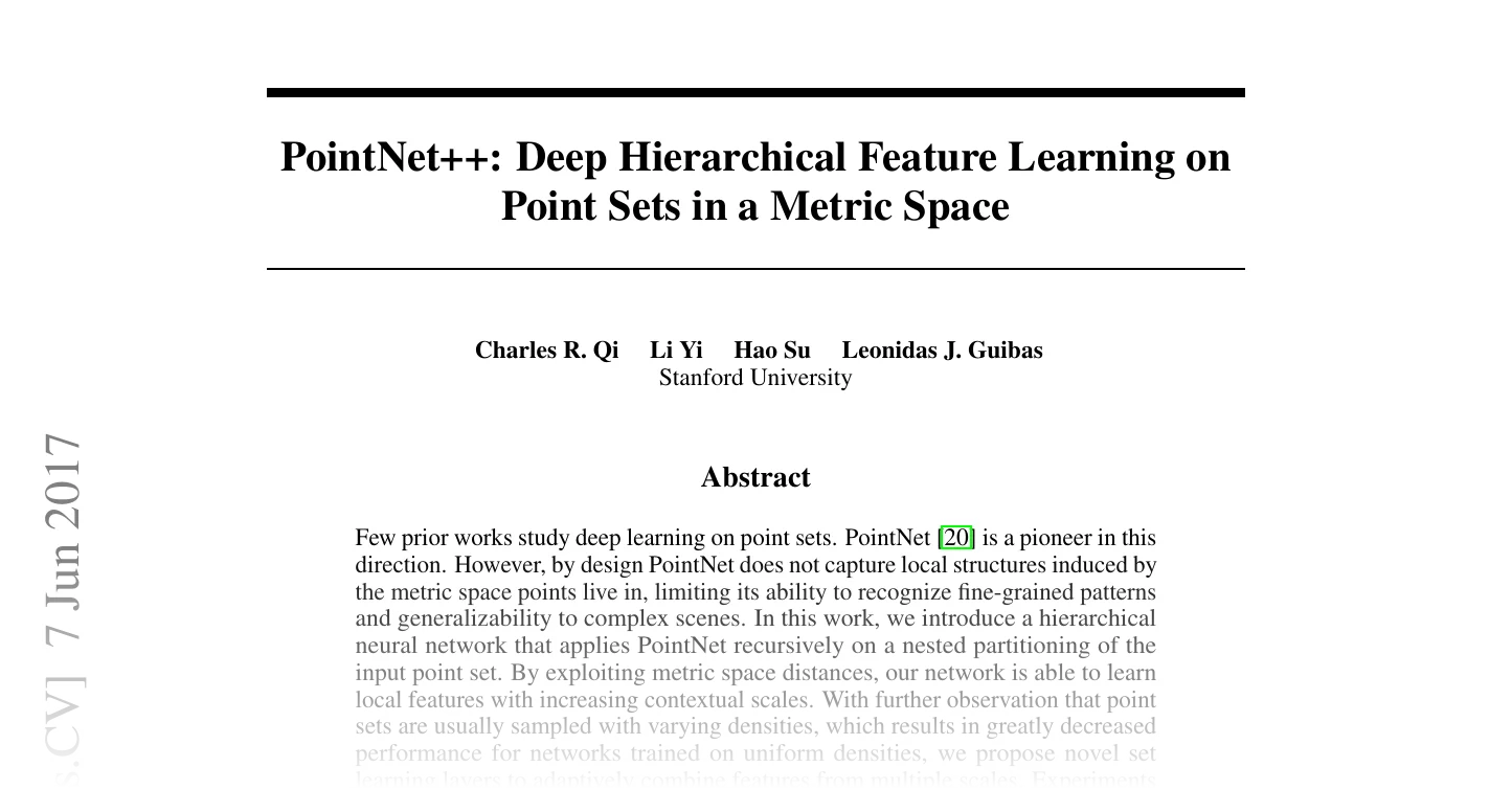 First page of PointNet++: Deep Hierarchical Feature Learning on Point Sets in a Metric Space
