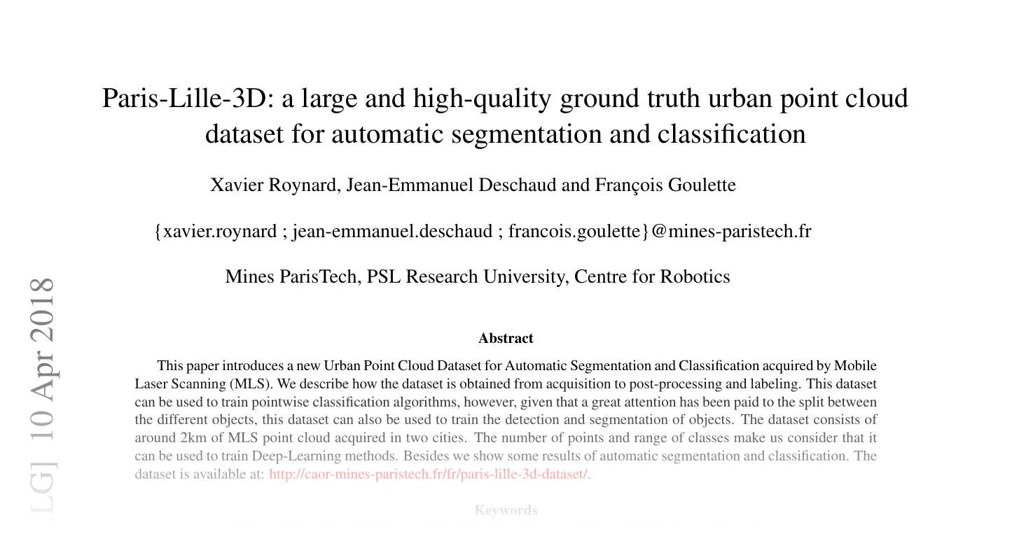 First page of Paris-Lille-3D: a large and high-quality ground truth urban point cloud dataset for automatic segmentation and classification