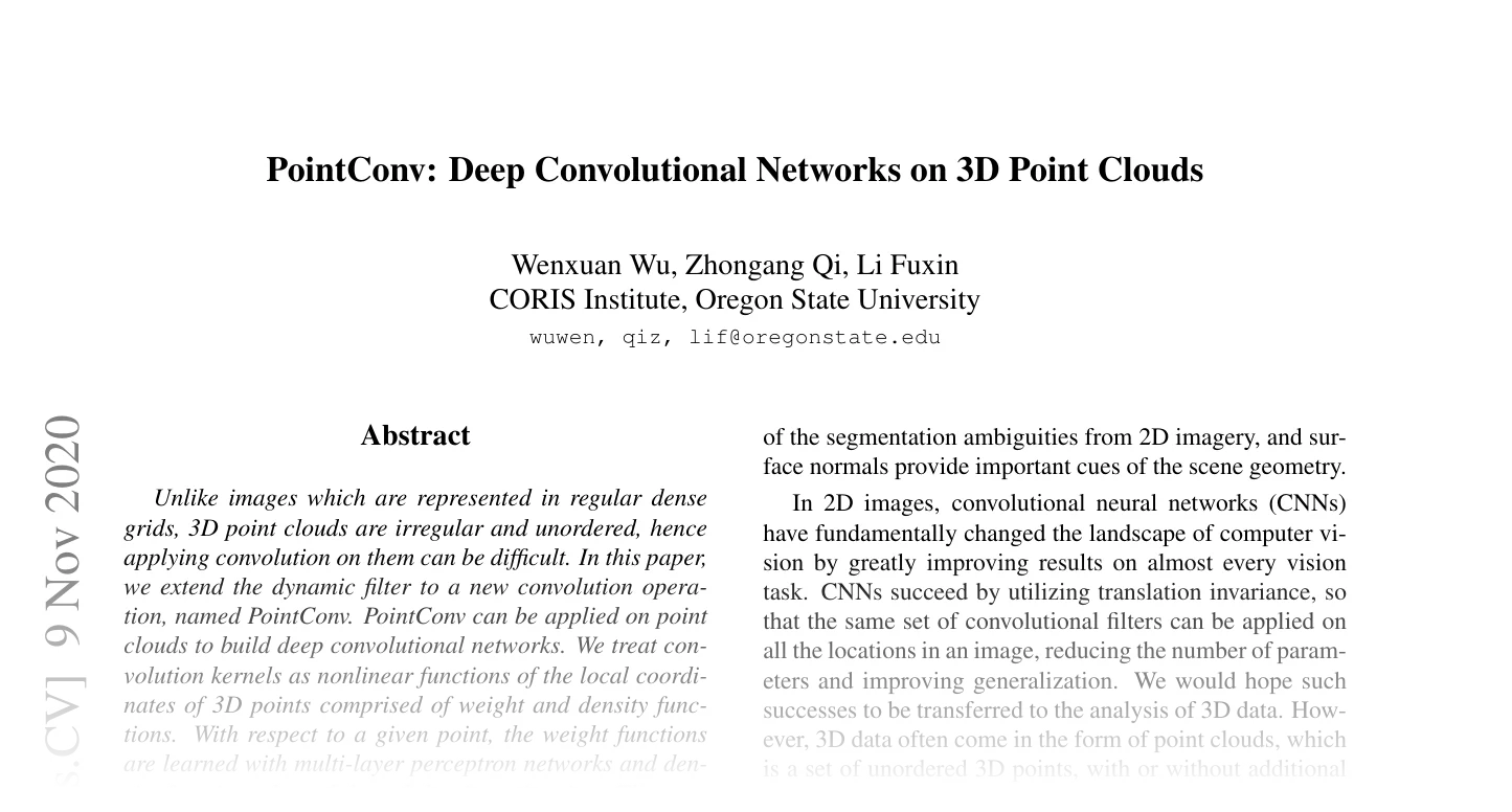 First page of PointConv: Deep Convolutional Networks on 3D Point Clouds