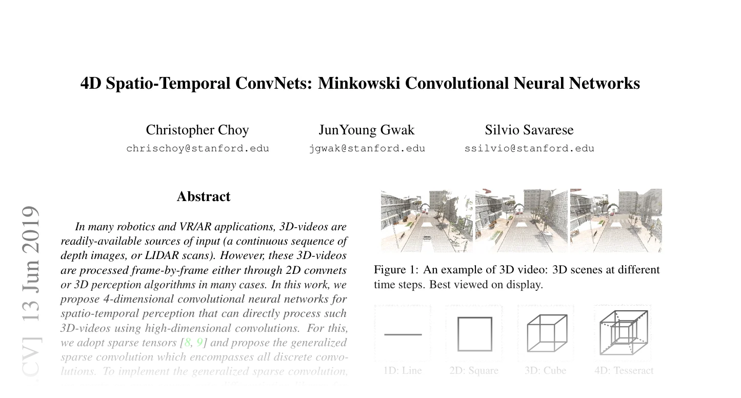 First page of 4D Spatio-Temporal ConvNets: Minkowski Convolutional Neural Networks