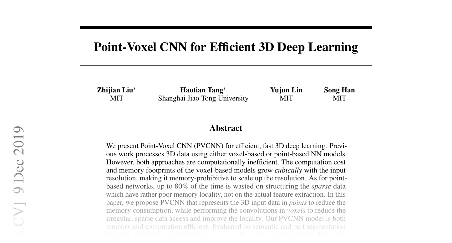 First page of Point-Voxel CNN for Efficient 3D Deep Learning