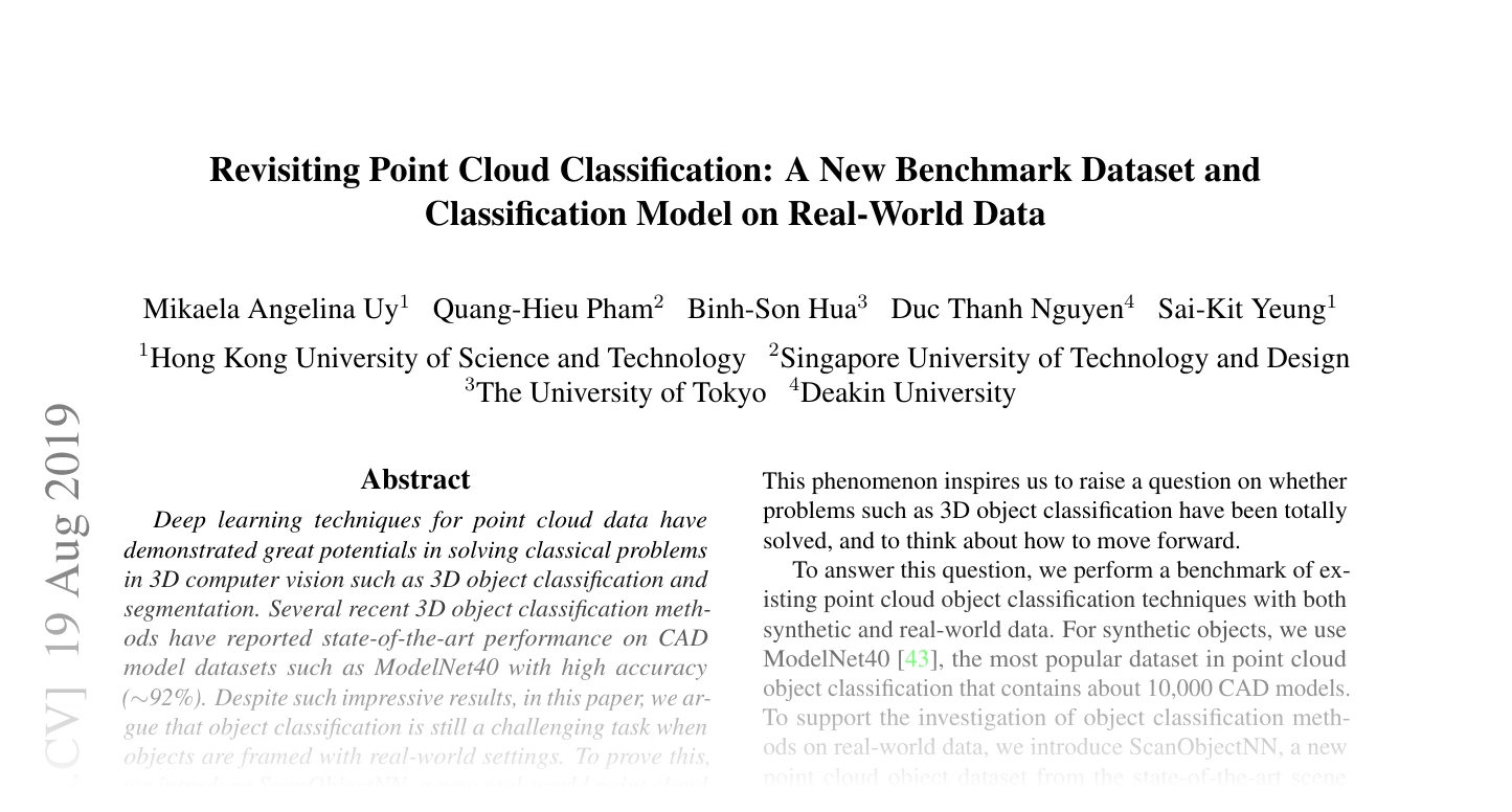 First page of Revisiting Point Cloud Classification: A New Benchmark Dataset and Classification Model on Real-World Data