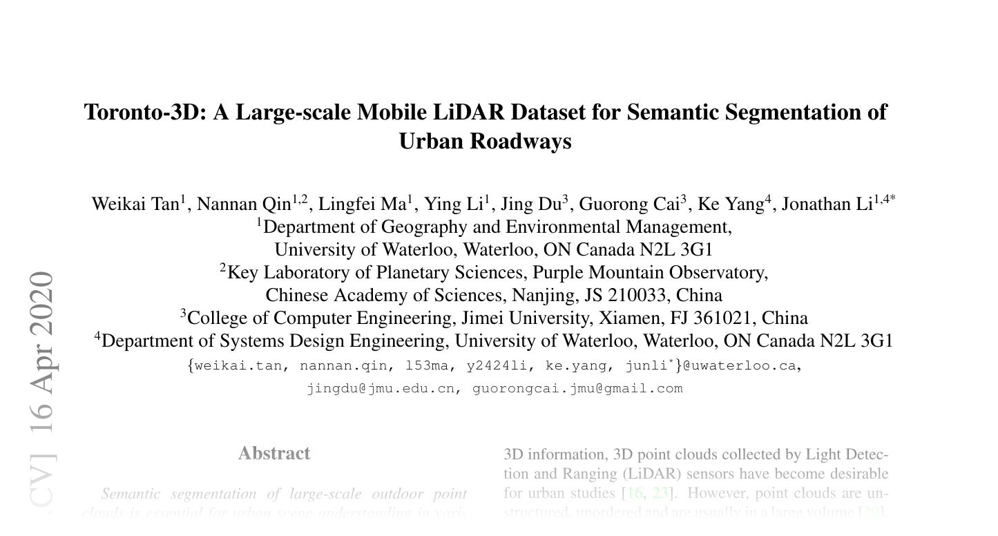 First page of Toronto-3D: A Large-scale Mobile LiDAR Dataset for Semantic Segmentation of Urban Roadways