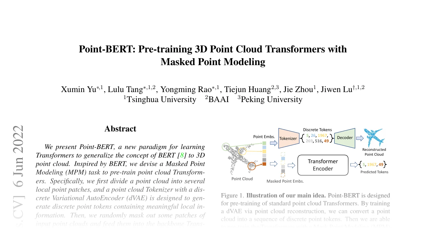 First page of Point-BERT: Pre-training 3D Point Cloud Transformers with Masked Point Modeling