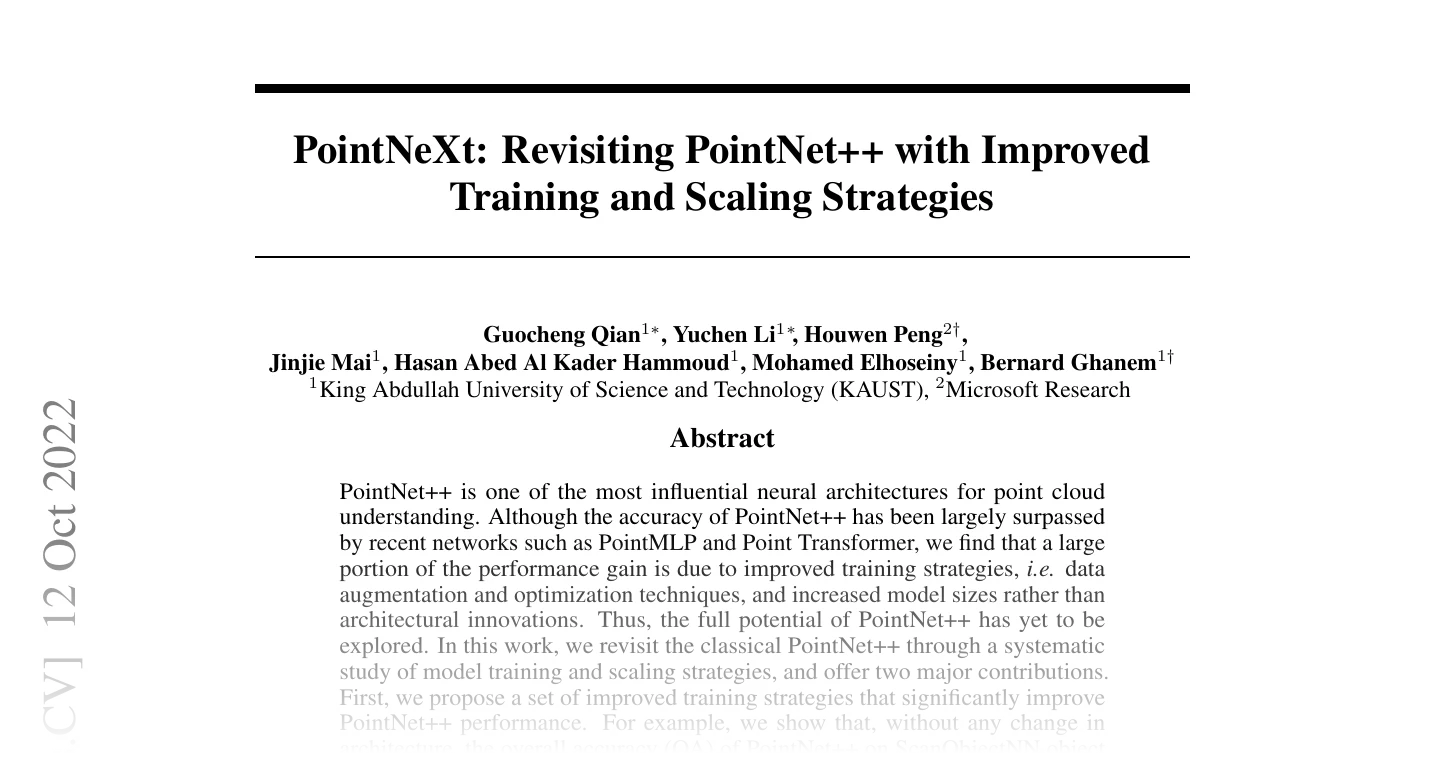 First page of PointNeXt: Revisiting PointNet++ with Improved Training and Scaling Strategies