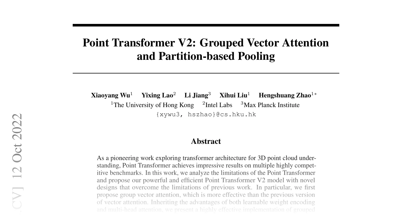 First page of Point Transformer V2: Grouped Vector Attention and Partition-based Pooling