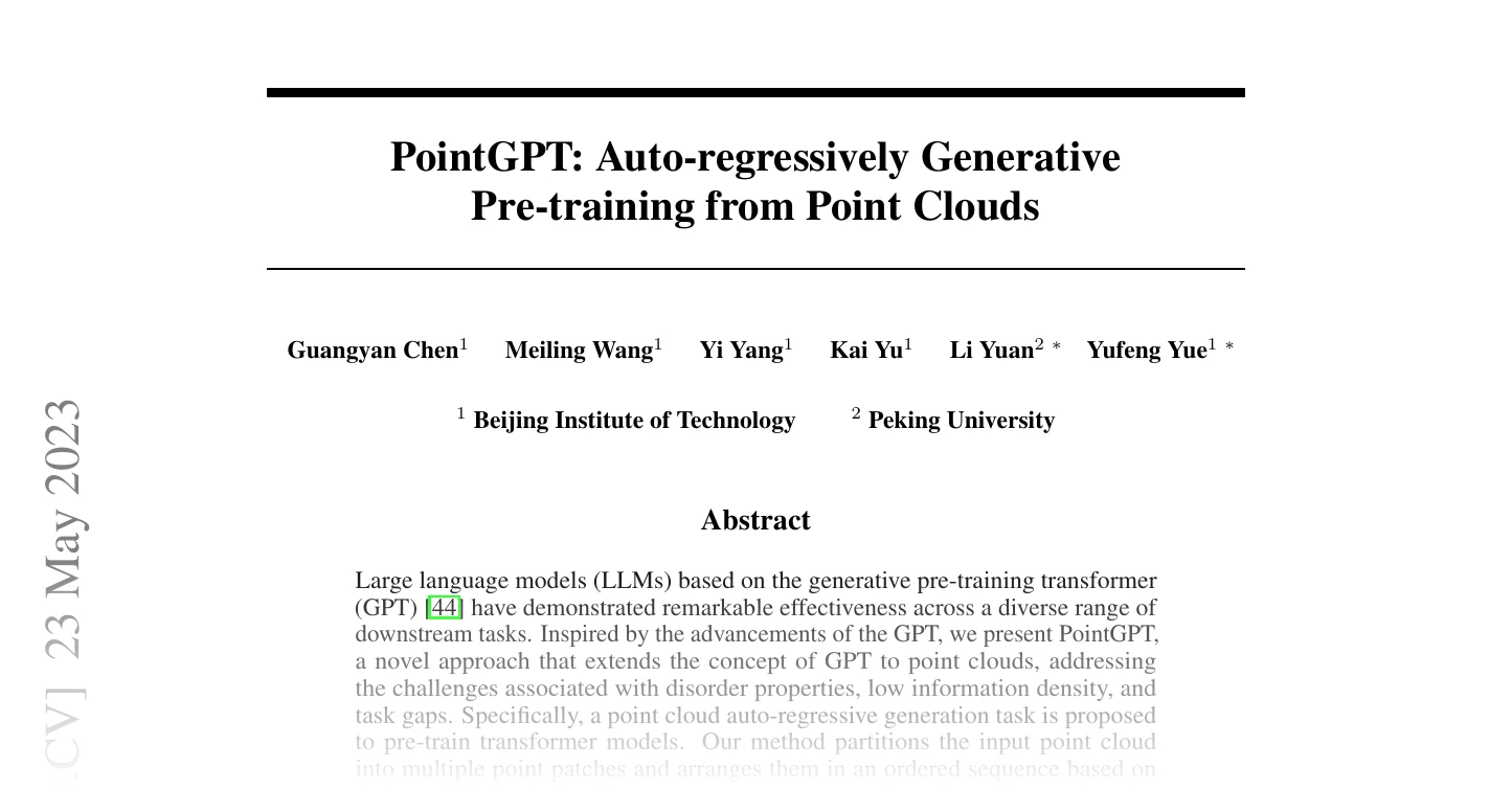 First page of PointGPT: Auto-regressively Generative Pre-training from Point Clouds