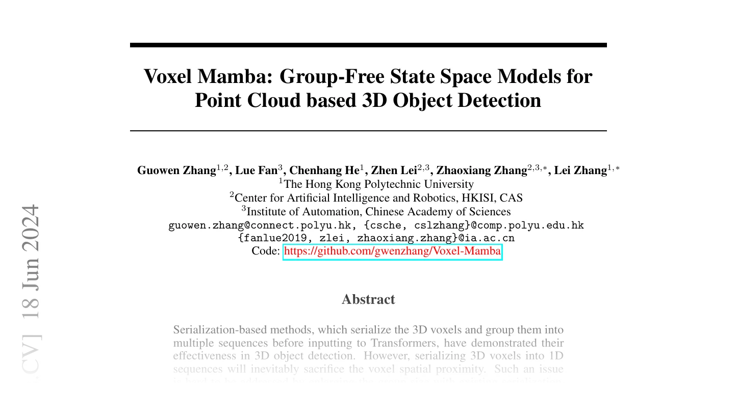 First page of Voxel Mamba: Group-Free State Space Models for Point Cloud based 3D Object Detection