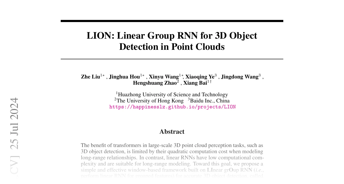 First page of LION: Linear Group RNN for 3D Object Detection in Point Clouds