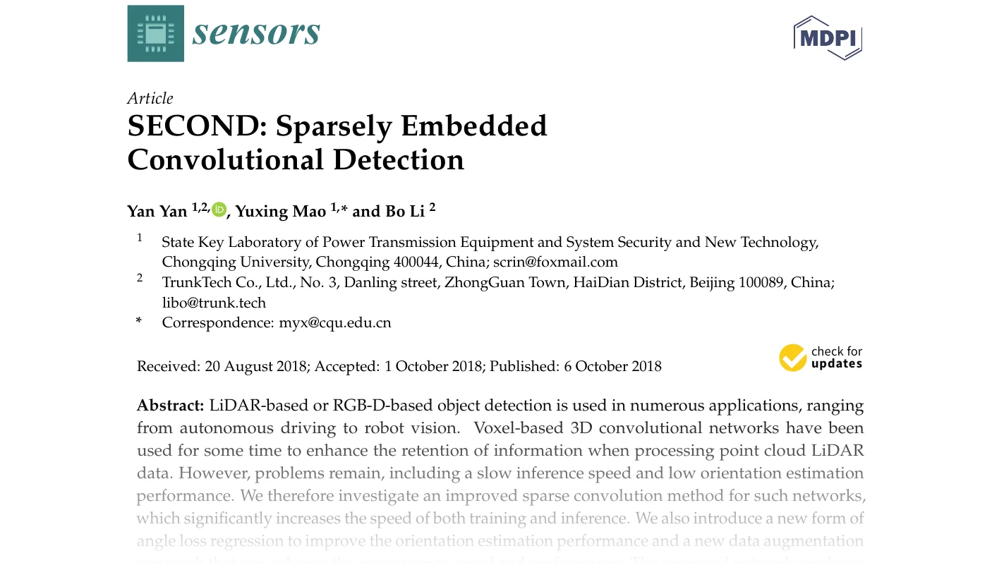 First page of SECOND: Sparsely Embedded Convolutional Detection