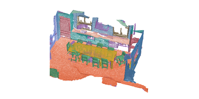 An indoor room with every point colored by its predicted class